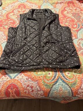 Talbots Black Quilted Polka Dot Zip-Up Vest